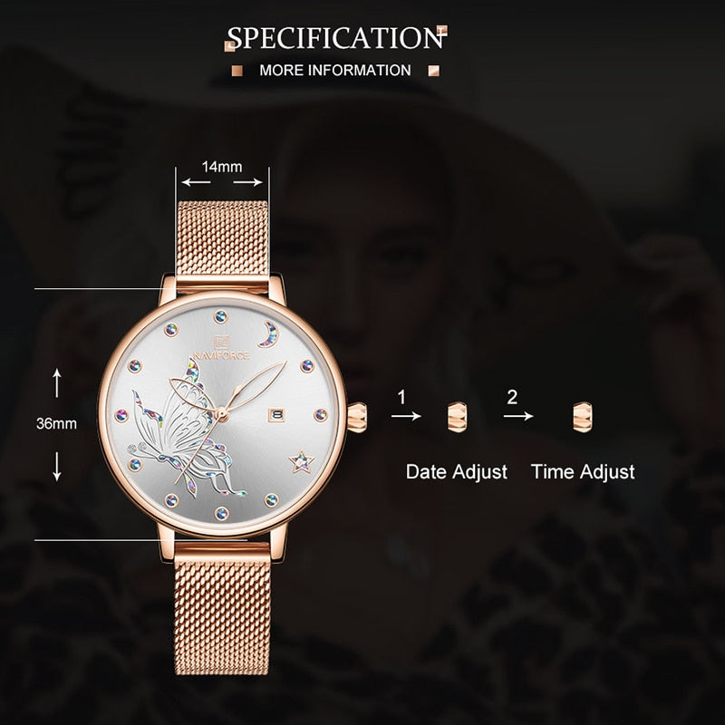 Luxury crystal ladies' wristwatch with rose gold steel mesh band and bracelet design by The Clothing Company Sydney.