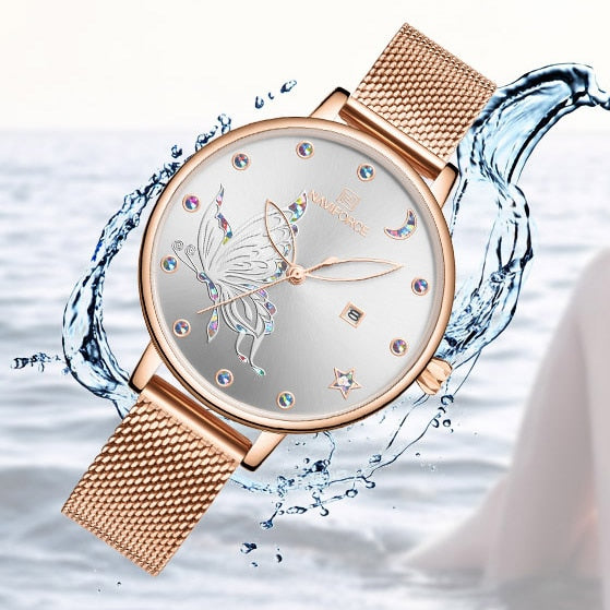 Luxury crystal rose gold steel mesh ladies wrist watch with bracelet design by The Clothing Company Sydney.