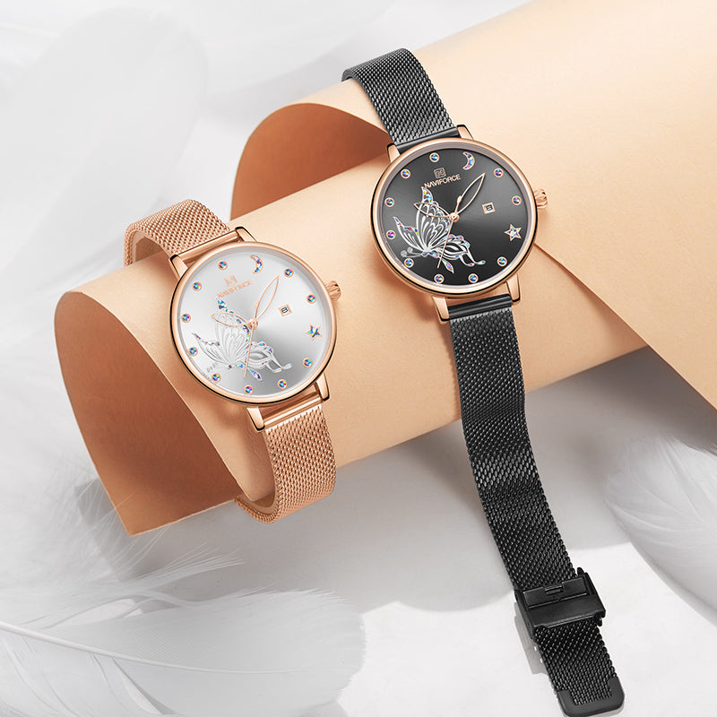 Luxury crystal rose gold steel mesh ladies wrist watch with bracelet design, by The Clothing Company Sydney.