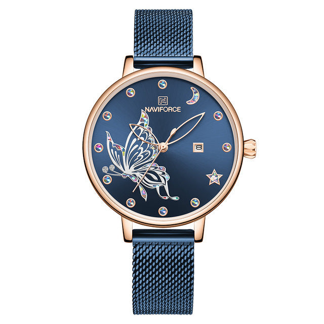 Rose gold steel mesh ladies watch with crystal accents and bracelet design, by The Clothing Company Sydney.