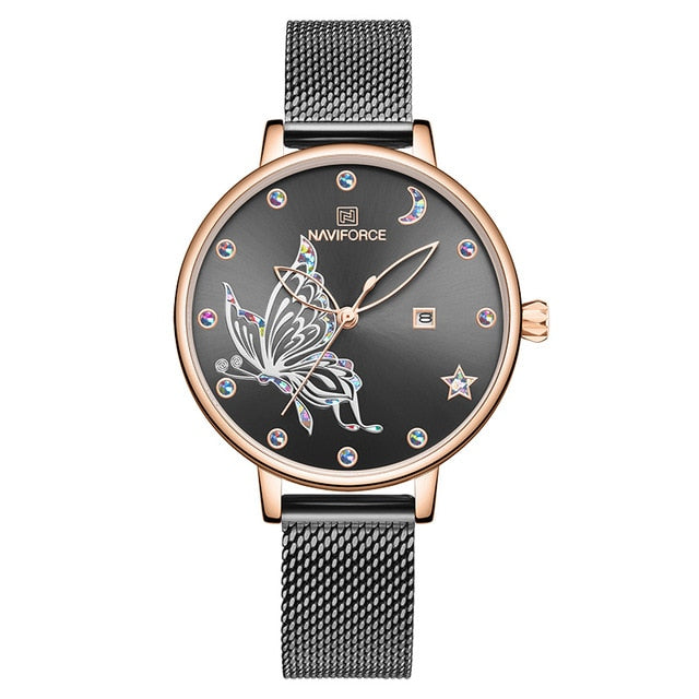 Rose gold steel mesh ladies watch with luxury crystal accents and bracelet design, by The Clothing Company Sydney.