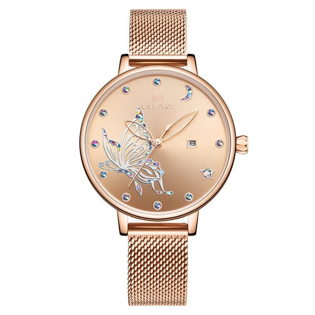 Luxury crystal rose gold steel mesh ladies wrist watch with bracelet design by The Clothing Company Sydney.