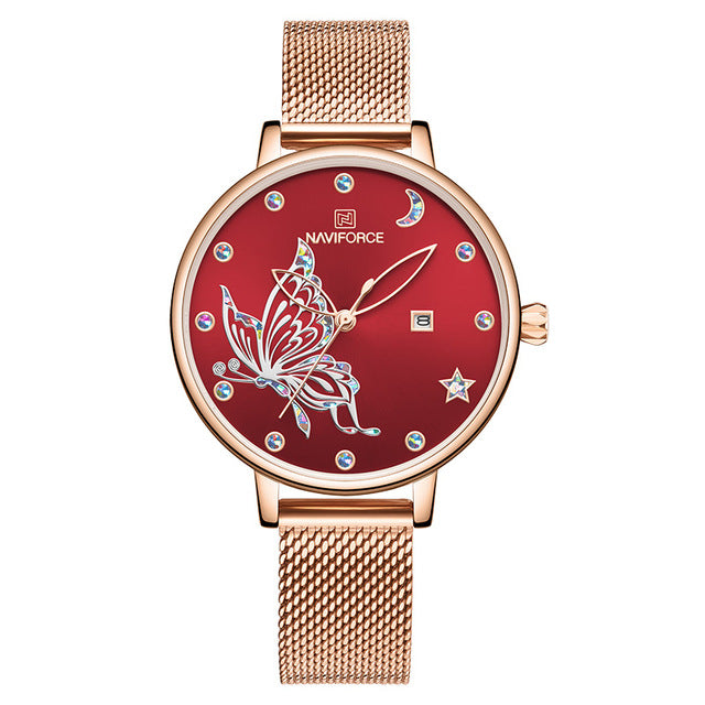 Rose gold steel mesh bracelet watch from The Clothing Company Sydney featuring luxury crystal accents for ladies' wrist wear.