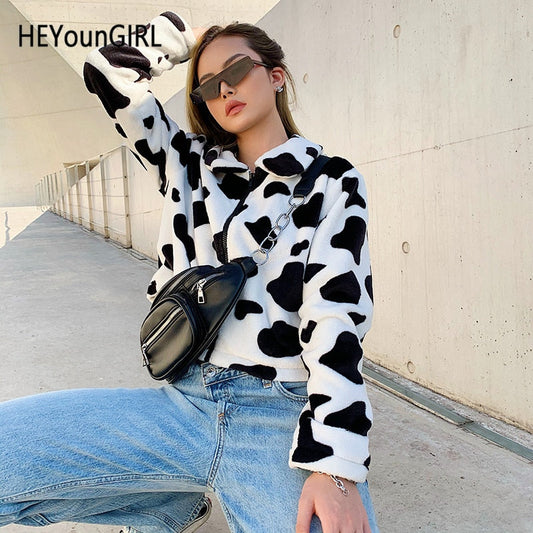 Cow Print Faux Fur Coat Women Animal Printed Casual Furry Crop Teddy Zipper Overcoat Jacket The Clothing Company Sydney