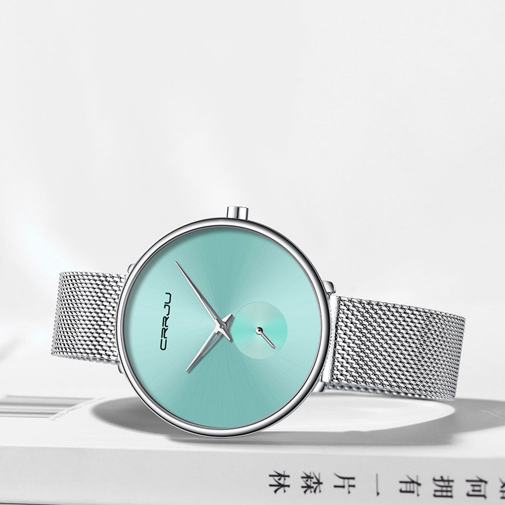 Minimalist waterproof quartz wristwatch for women with a casual mesh band, from The Clothing Company Sydney.