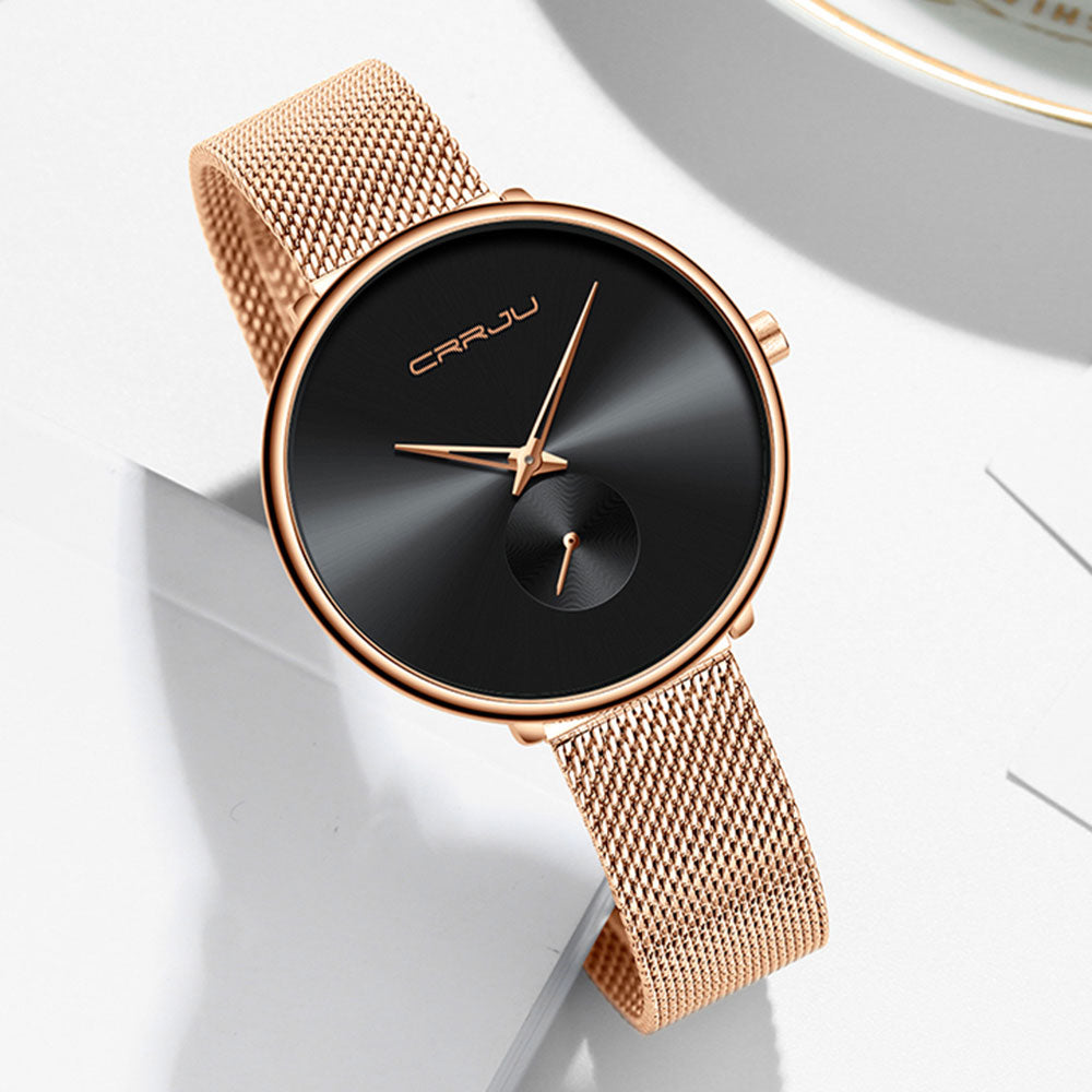 Simple minimalist ladies' waterproof quartz wristwatch with mesh strap, designed for daily casual wear by The Clothing Company Sydney.