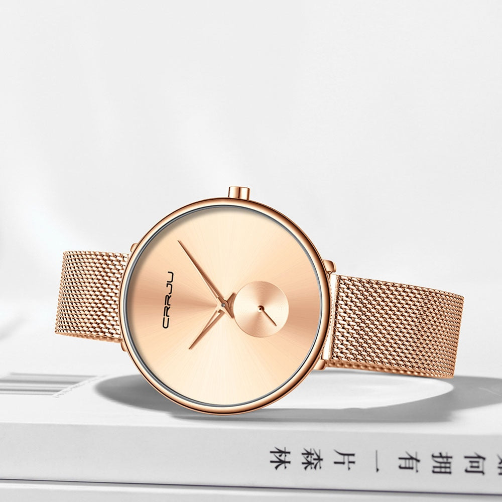 Minimalist waterproof quartz wristwatch for women from The Clothing Company Sydney, featuring a simple casual design and mesh strap.