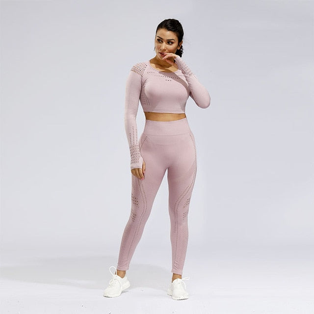 Two-piece fitness sportswear set by The Clothing Company Sydney featuring seamless long sleeve top and athletic leggings.