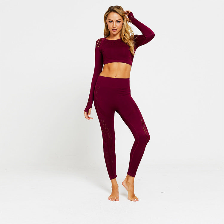 Two-piece athletic yoga set with seamless long sleeve top and fitted leggings from The Clothing Company Sydney for gym and fitness wear.