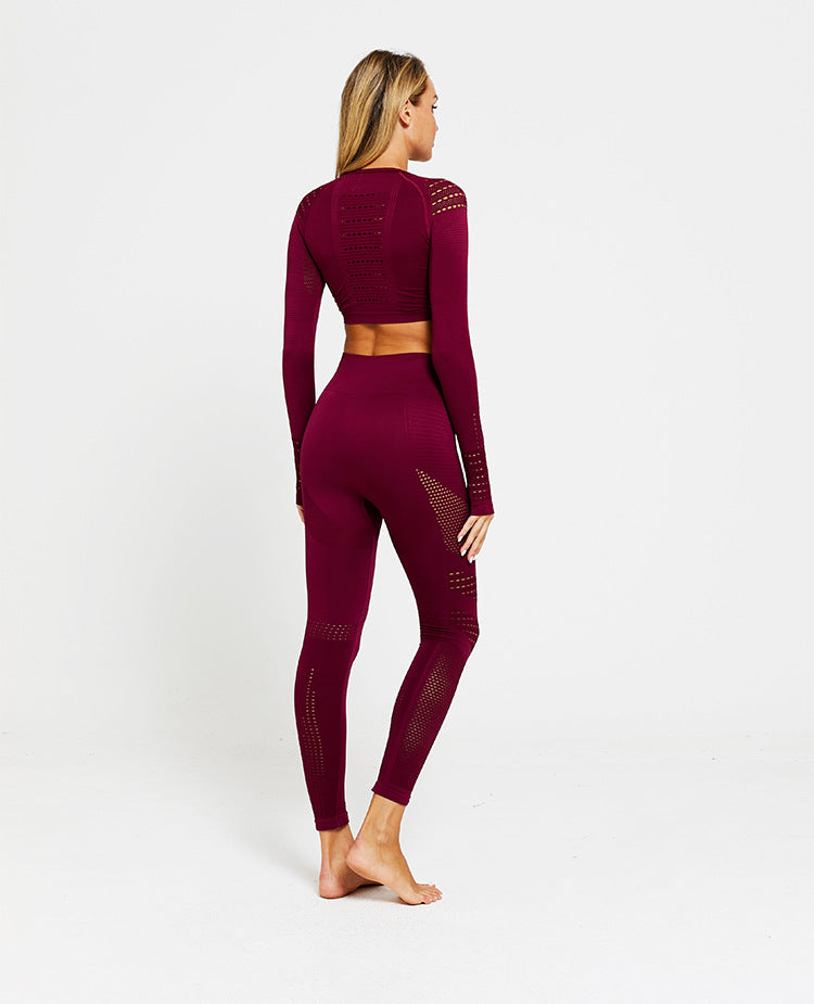Two-piece fitness set with long sleeve seamless sports hollow-out top and athletic leggings from The Clothing Company Sydney.