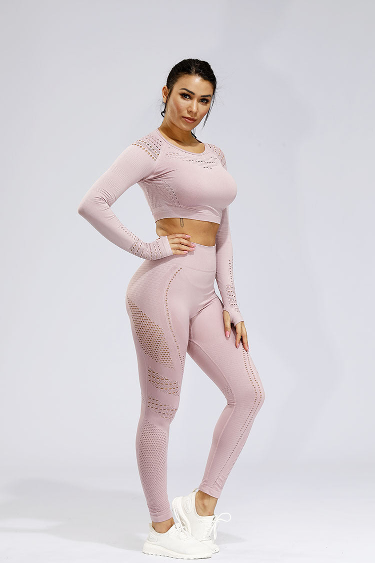 Two-piece fitness sportswear set with seamless long sleeve top and athletic leggings from The Clothing Company Sydney.