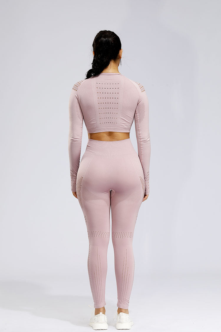 Two-piece fitness sportswear set including long sleeve seamless athletic top and matching leggings from The Clothing Company Sydney.
