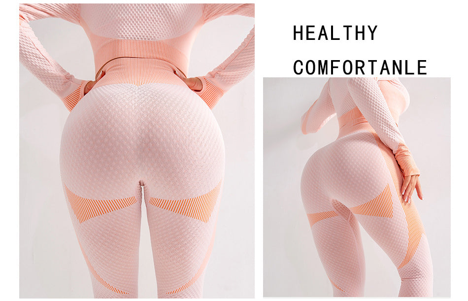 Seamless athletic yoga leggings and long sleeve zip-up top set by The Clothing Company Sydney, perfect for gym and fitness workouts.
