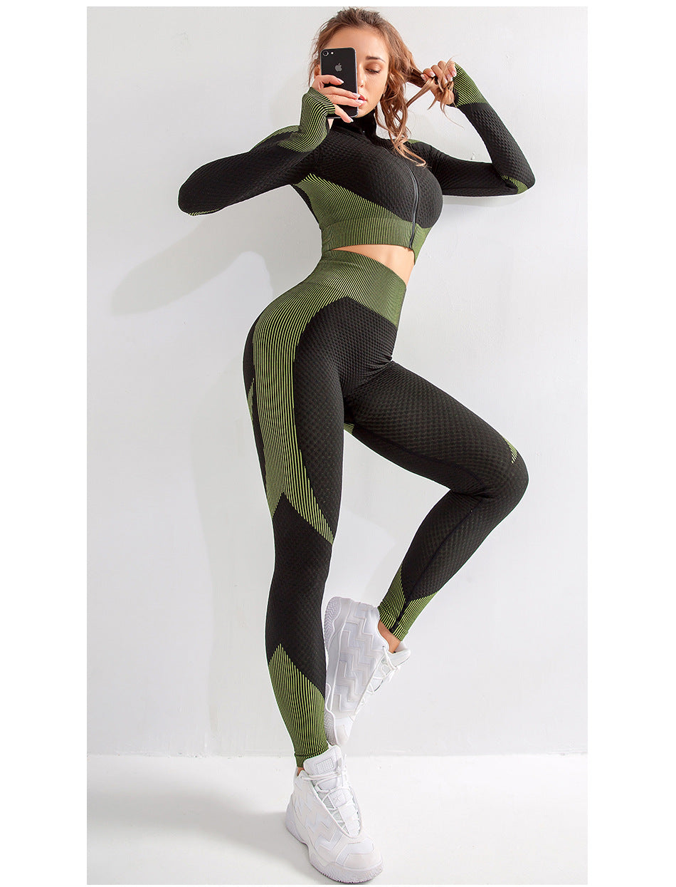 The Clothing Company Sydney fitness set with seamless long sleeve zip-up top and matching sports leggings for gym and yoga workouts.