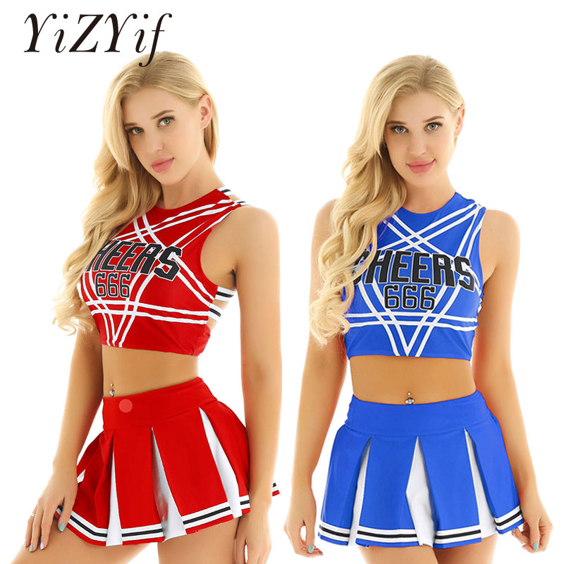 Two-piece cheerleader costume set featuring lingerie and novelty cosplay uniform from The Clothing Company Sydney, perfect for Halloween.