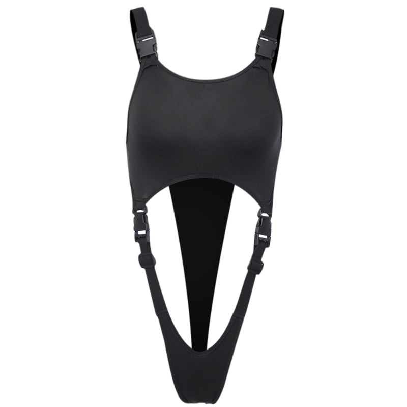 Black solid sleeveless bodysuit with hollow out design, buckle details, backless style, from The Clothing Company Sydney.