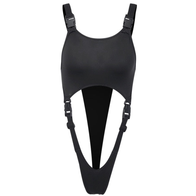 Black solid high street bodysuit with hollow out design, buckle accents, sleeveless, backless, and suspender style by The Clothing Company Sydney