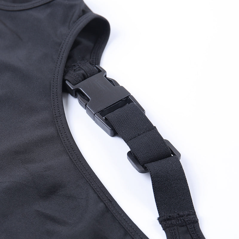 Black solid sleeveless bodysuit with hollow out design, buckle details, and backless style from The Clothing Company Sydney.