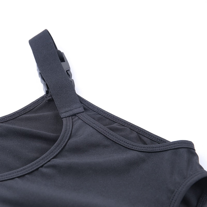 Black solid high street bodysuit with hollow-out design, buckle details, sleeveless, backless, and suspenders by The Clothing Company Sydney.