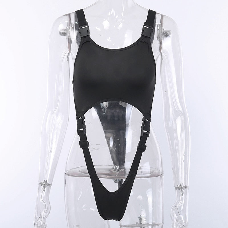 Black solid sleeveless bodysuit with hollow out design, buckle details, backless style, by The Clothing Company Sydney.