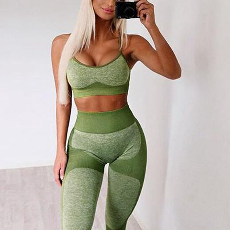 Seamless fitness sports suits by The Clothing Company Sydney, including high-waist leggings and sports bras for workout and running.