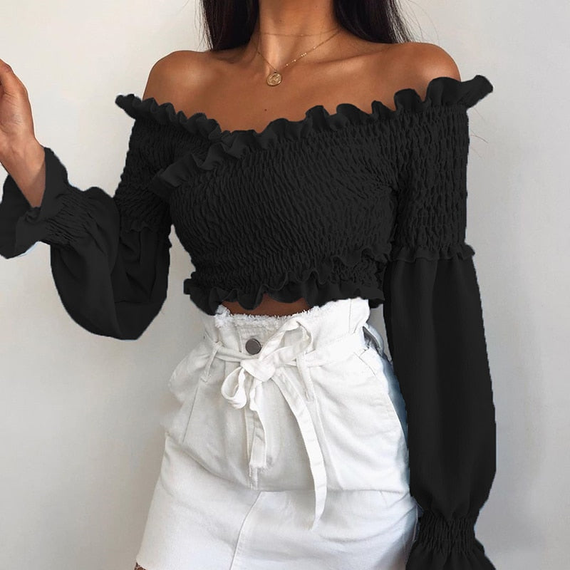 White long sleeve smocking off-shoulder crop top for women, stylish criss-cross design by The Clothing Company Sydney.