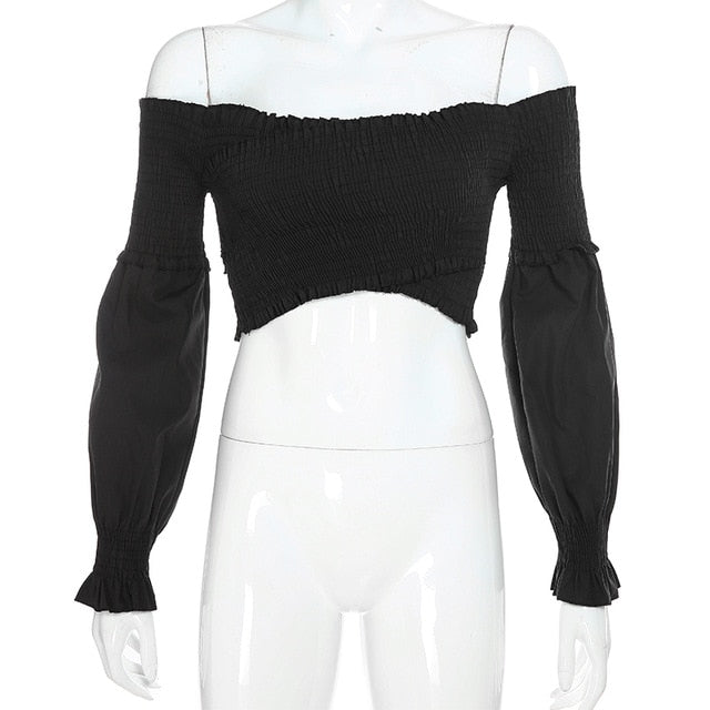 White chic smocking off-shoulder blouse for women with long sleeves and criss-cross design, by The Clothing Company Sydney.