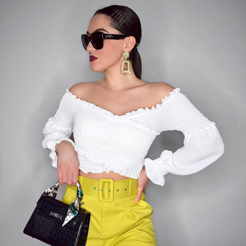 White smocking off-shoulder blouse for women with long sleeves and criss-cross detail, from The Clothing Company Sydney.