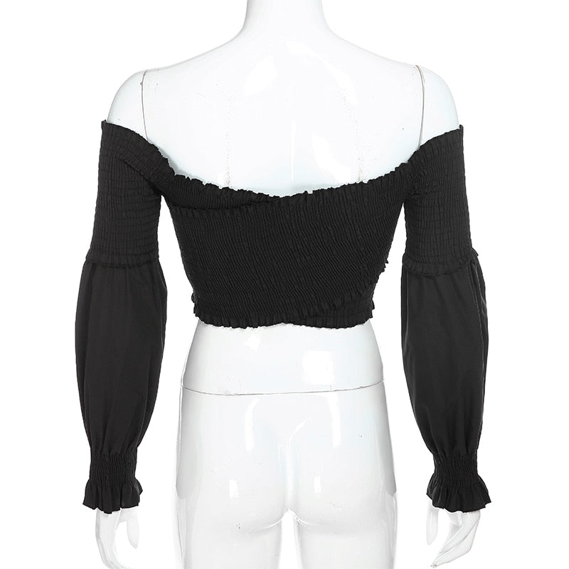 White long sleeve smocking blouse with off-shoulder and criss-cross design, stylish crop top for women by The Clothing Company Sydney