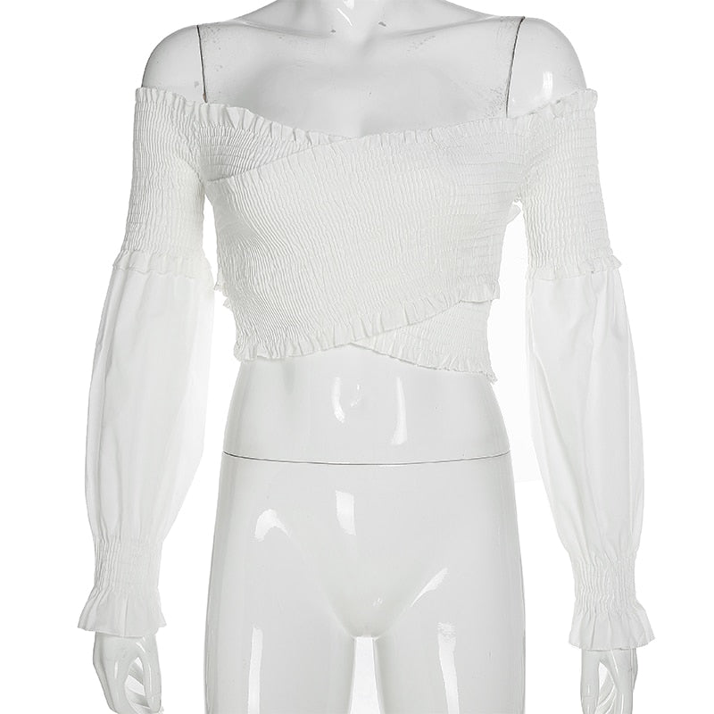 White smocking off-shoulder long sleeve crop top for women by The Clothing Company Sydney, featuring criss-cross details.