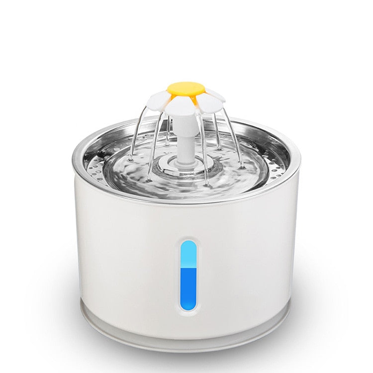 Automatic pet water fountain for cats and dogs, 2.4L capacity with LED light, USB powered, quiet, and easy to refill.