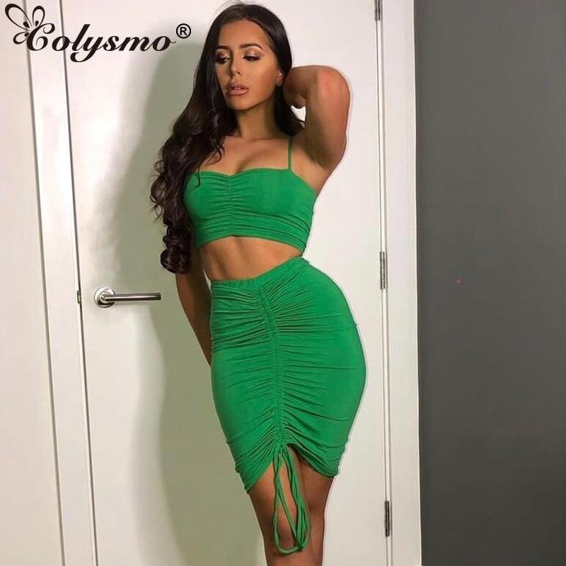 Green summer two-piece dress set for women, featuring ruched crop top and skirt, from The Clothing Company Sydney.