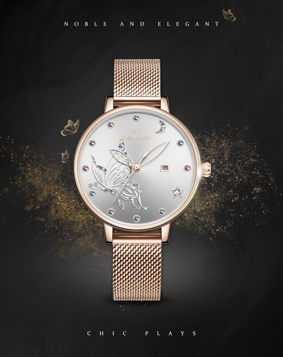 Rose gold steel mesh ladies wrist watch with crystal accents, elegant bracelet design by The Clothing Company Sydney.