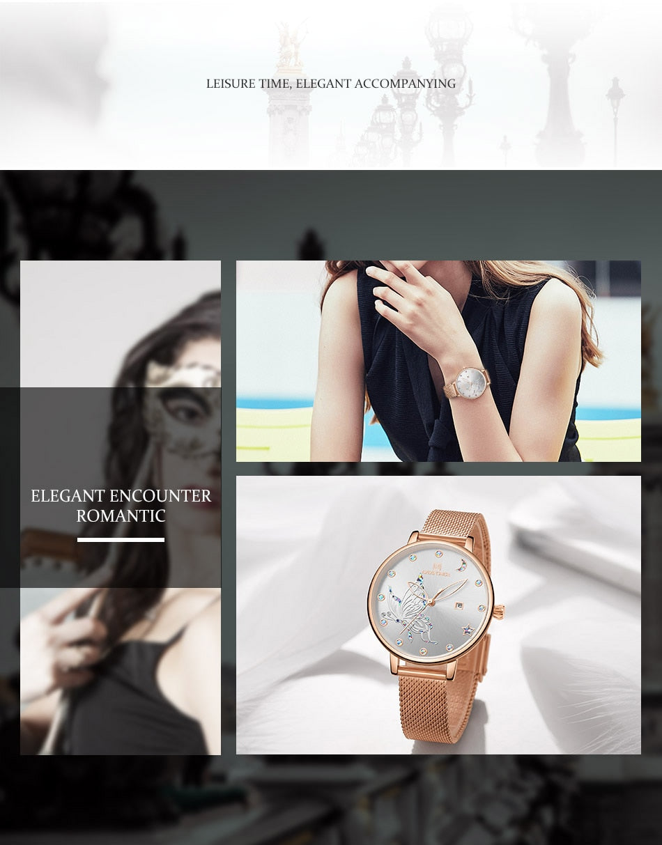 Rose gold steel mesh ladies watch with luxury crystal accents and bracelet design from The Clothing Company Sydney.