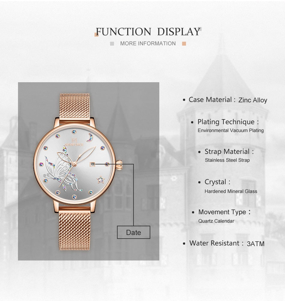 Rose gold steel mesh ladies' watch with luxury crystal accents and bracelet design from The Clothing Company Sydney.