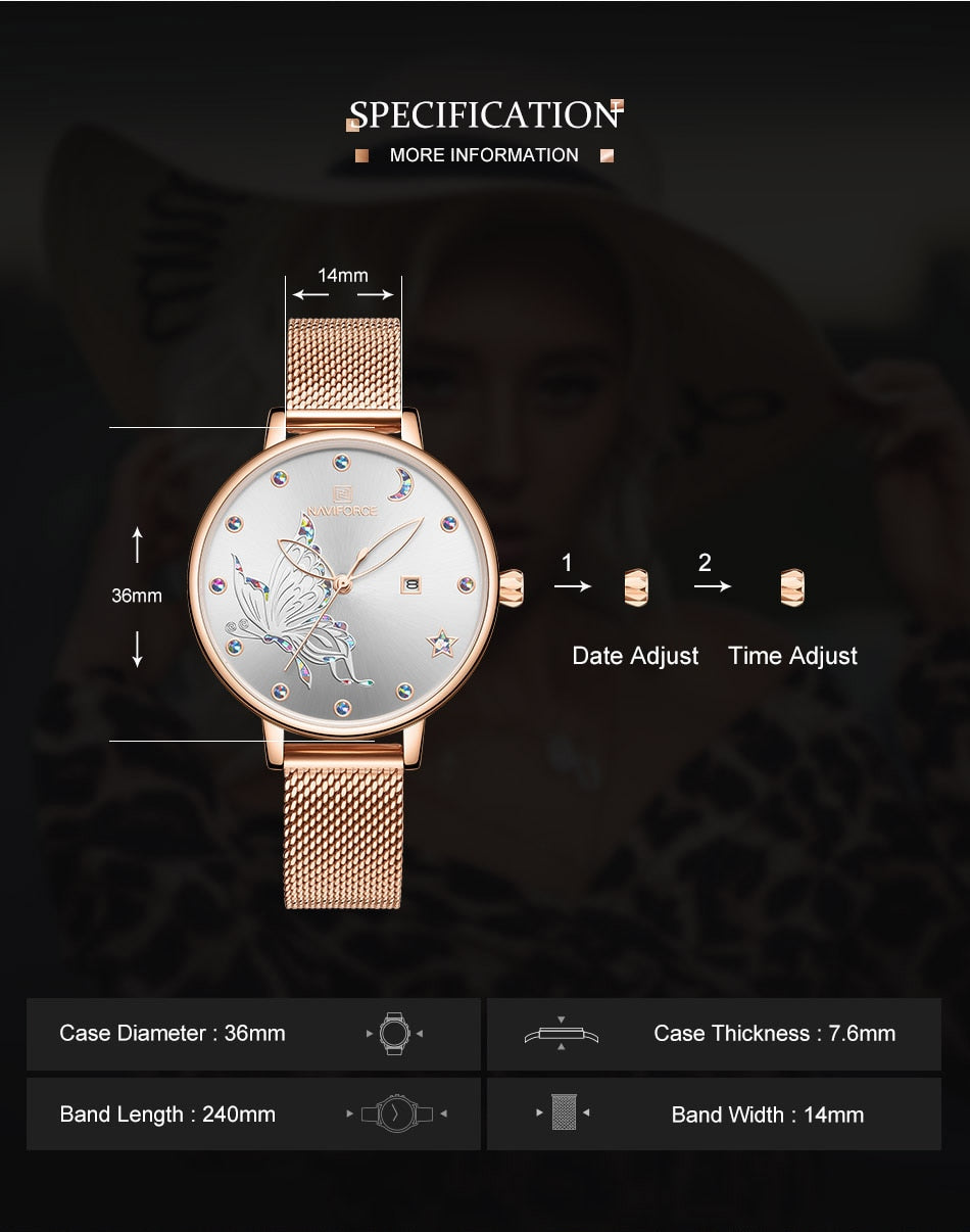 Rose gold steel mesh bracelet watch for women with luxury crystal accents, stylish timepiece from The Clothing Company Sydney.