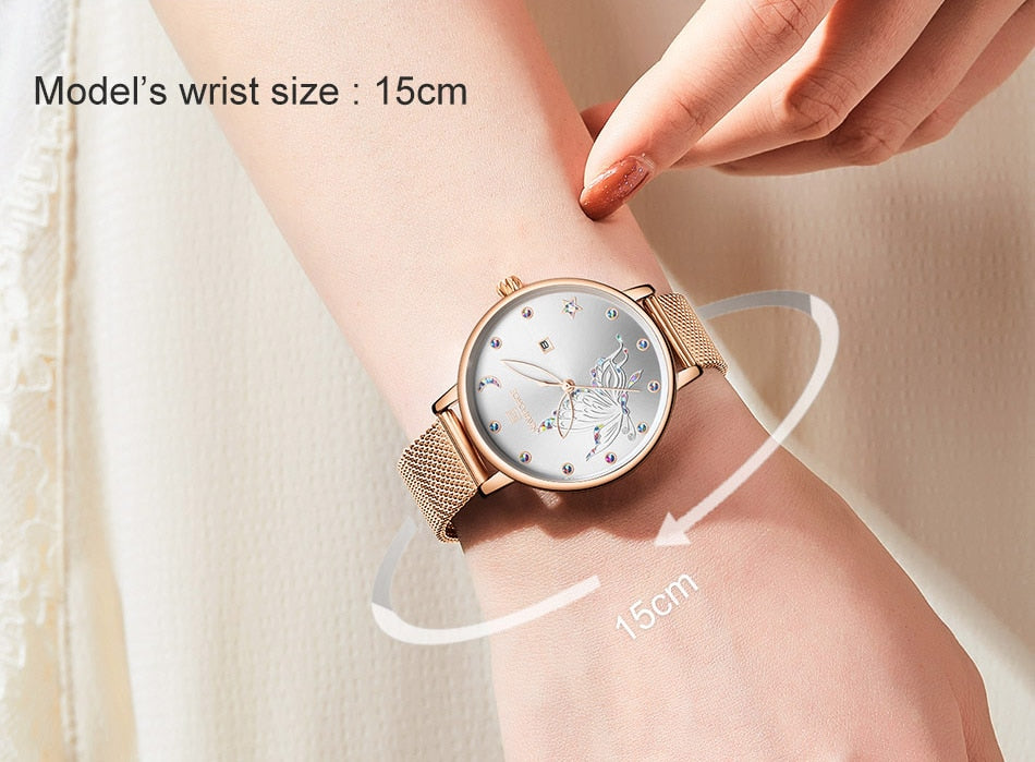 Luxury crystal women’s rose gold steel mesh bracelet watch by The Clothing Company Sydney, elegant and stylish wrist accessory.