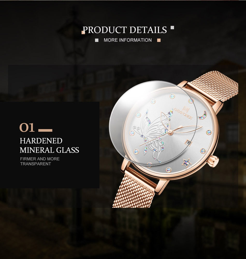 Rose gold steel mesh ladies watch with luxury crystal accents and bracelet design from The Clothing Company Sydney.