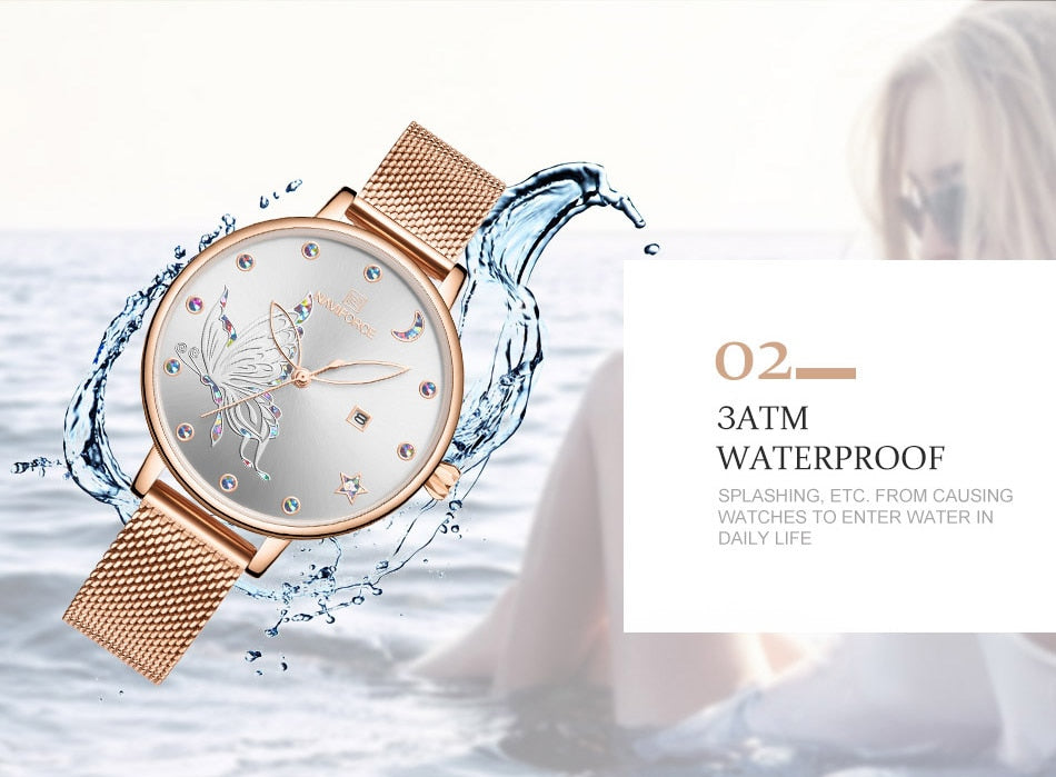 Rose gold steel mesh ladies wrist watch with luxury crystal accents from The Clothing Company Sydney, elegant bracelet watch.