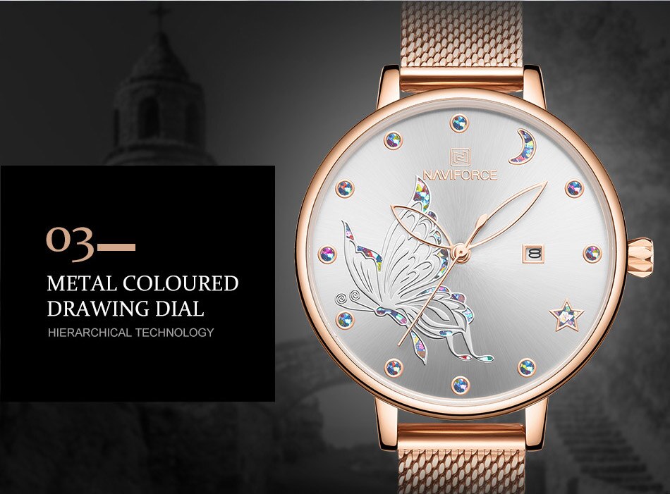 Rose gold steel mesh ladies wrist watch with luxury crystal accents from The Clothing Company Sydney, featuring a elegant bracelet design.
