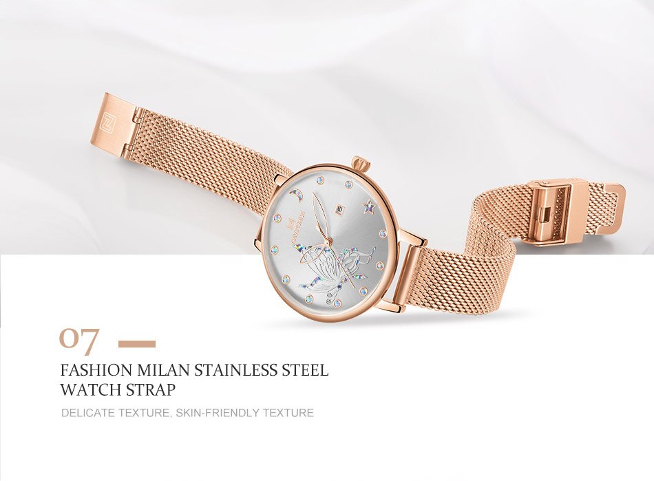 Luxury crystal rose gold steel mesh ladies wrist watch with bracelet design by The Clothing Company Sydney.