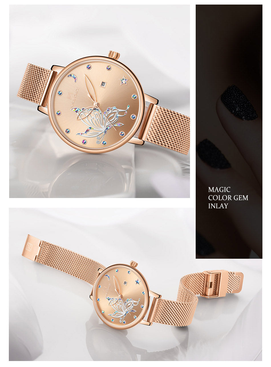 Luxury crystal watch with rose gold steel mesh bracelet for ladies, elegant wristwatch by The Clothing Company Sydney.