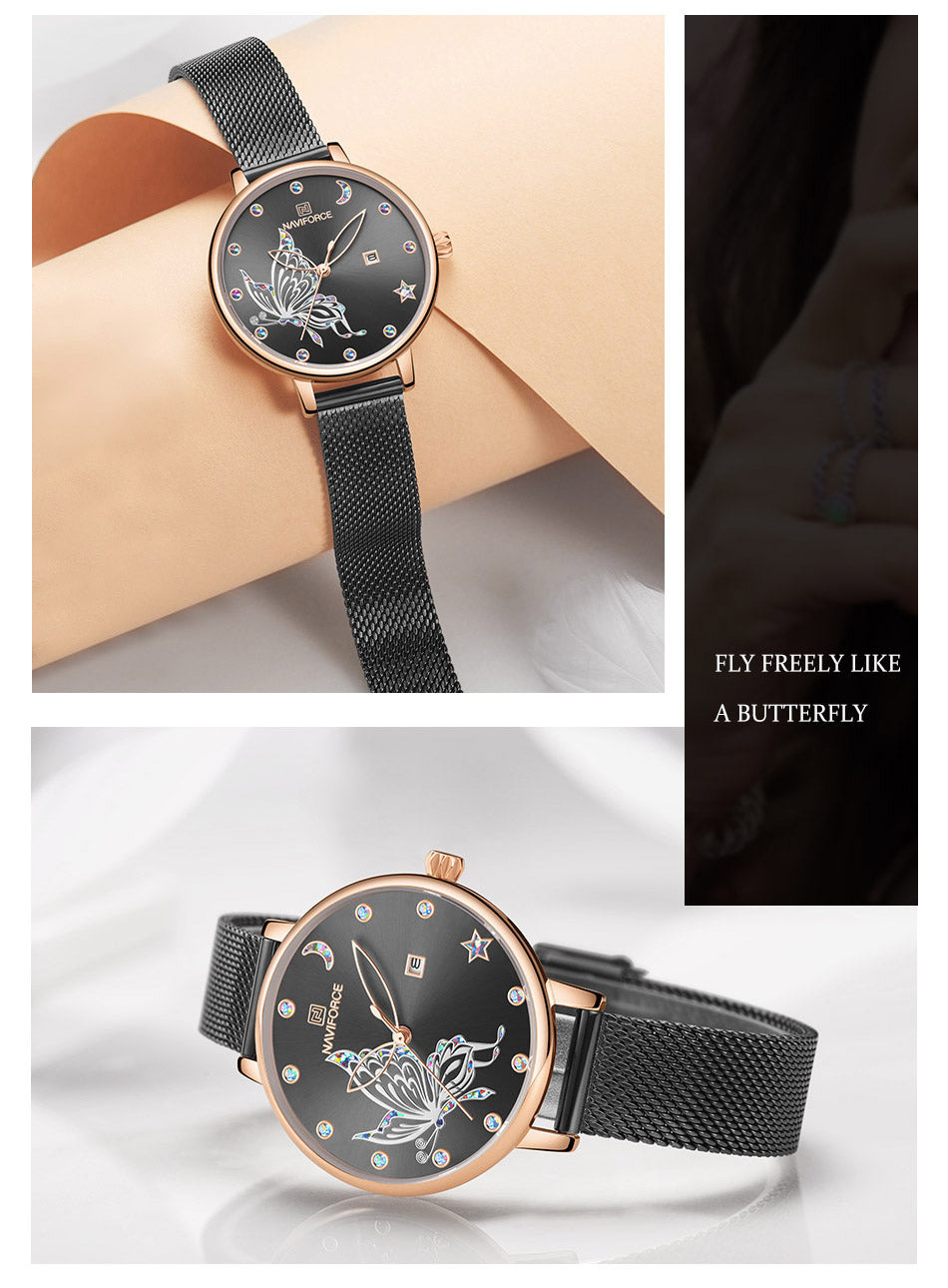Luxury crystal rose gold steel mesh ladies watch with bracelet design from The Clothing Company Sydney.