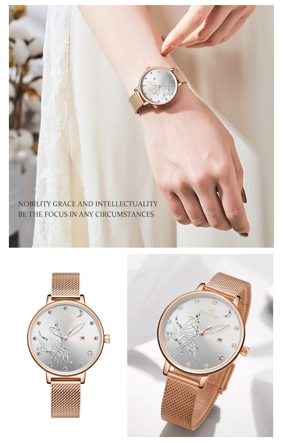 Luxury crystal rose gold steel mesh ladies wrist watch with bracelet design by The Clothing Company Sydney.
