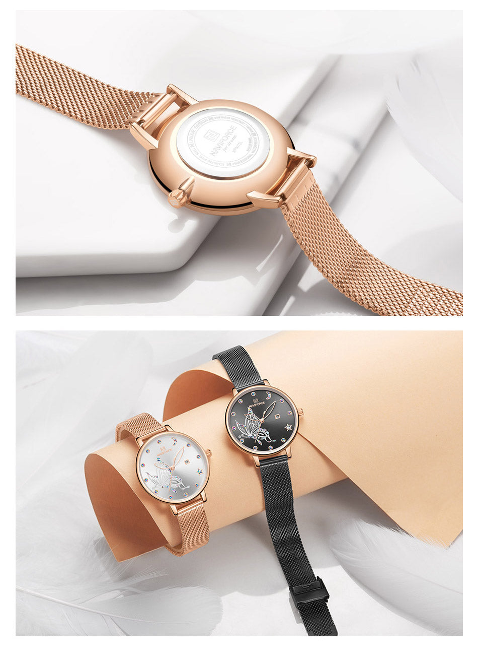 Rose gold steel mesh luxury crystal watch for ladies, stylish bracelet wristwatch by The Clothing Company Sydney.