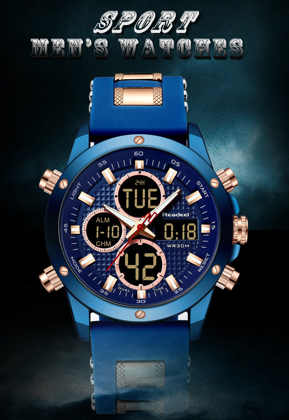 Luxury men's gold chronograph watch by The Clothing Company Sydney with digital LED display, waterproof sport design, wristwatch.