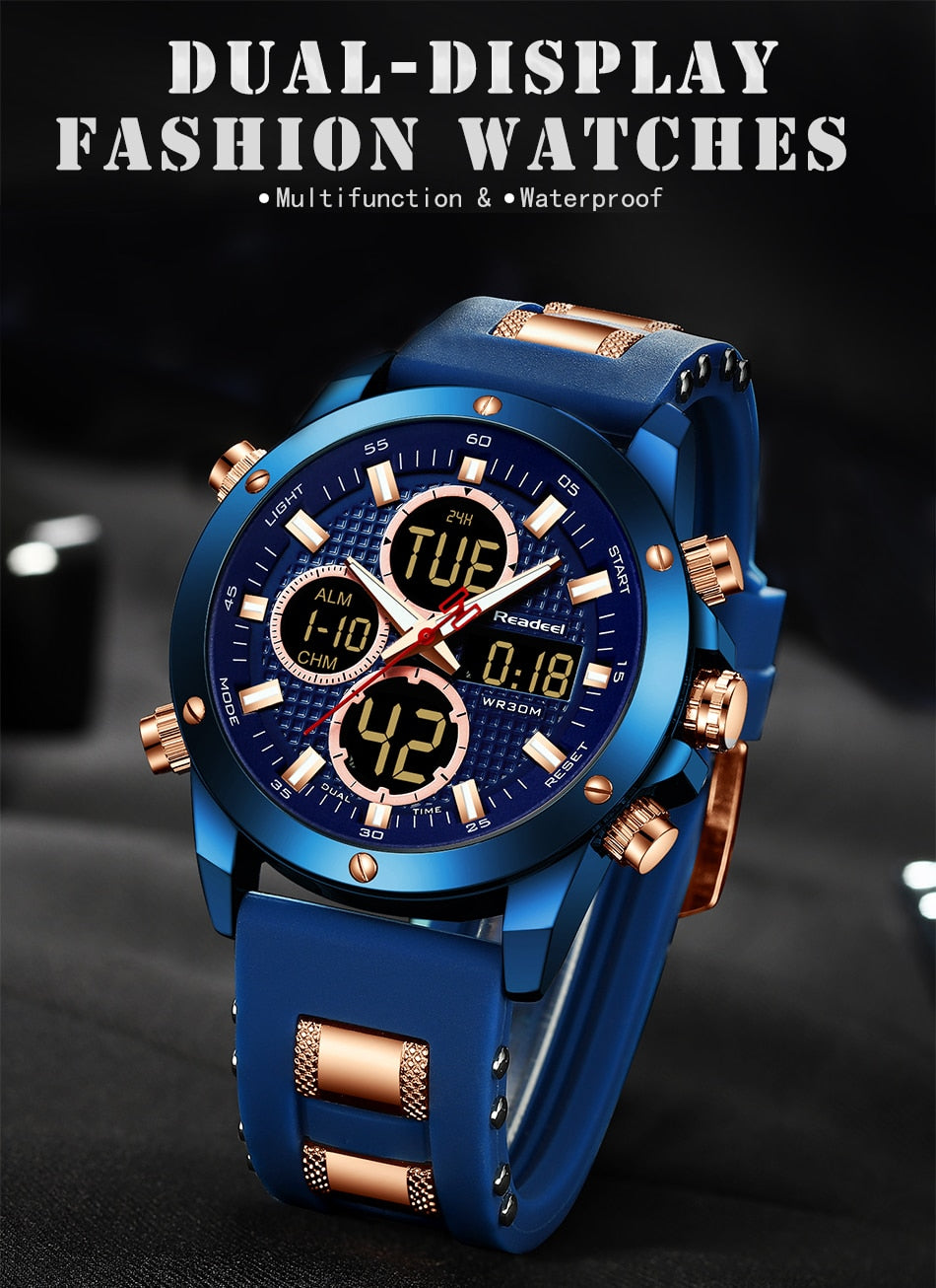 Luxury men's gold chronograph digital LED sport watch by The Clothing Company Sydney, waterproof wristwatch with sporty design.