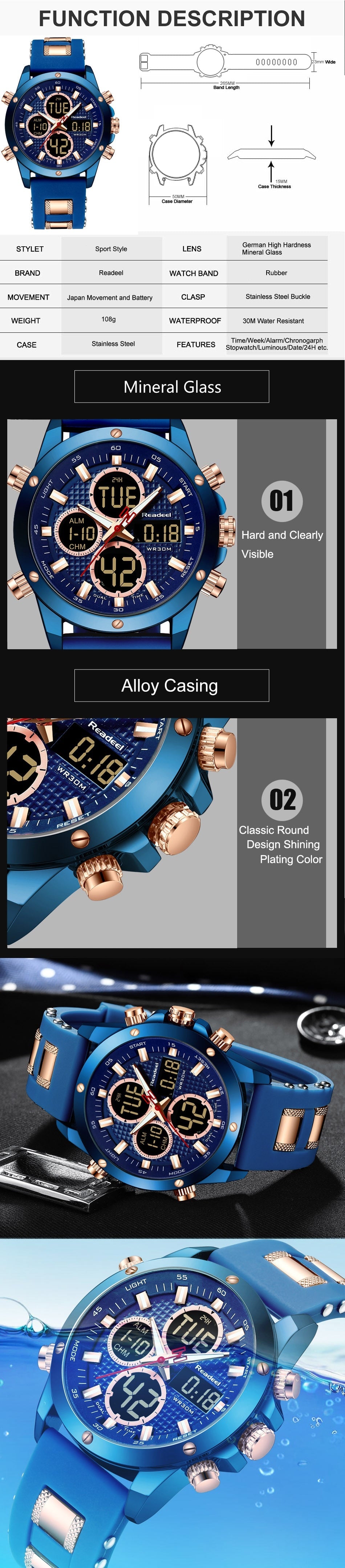 Luxury men's gold chronograph watch with digital LED display, waterproof sport wristwatch, by The Clothing Company Sydney.