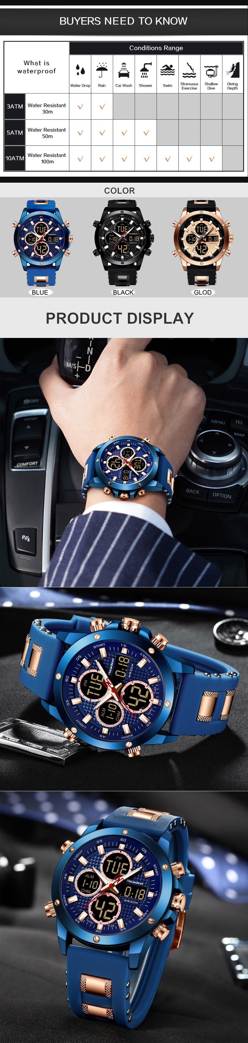 Luxury men's digital sport watch with gold finish, chronograph and LED display, waterproof wristwatch by The Clothing Company Sydney.