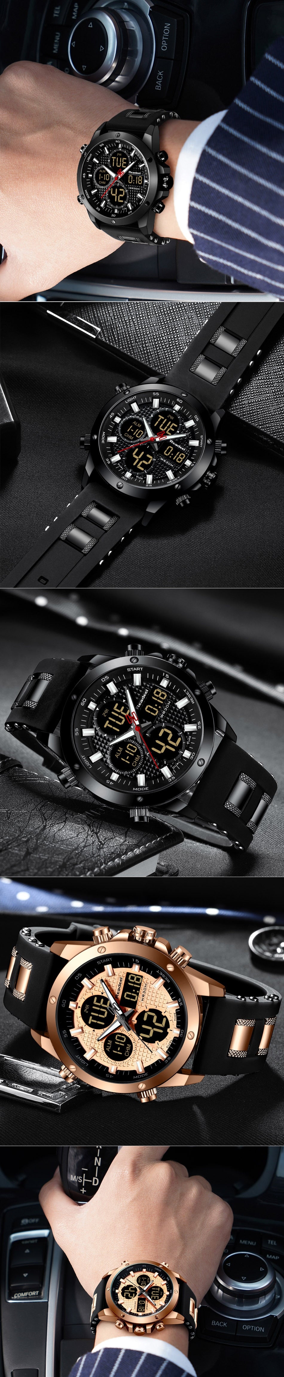 Luxury men's gold chronograph sport watch with digital LED display, waterproof wristwatch by The Clothing Company Sydney.